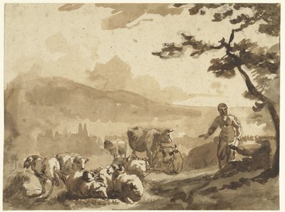 Paisaje de montaña con pastores con su rebaño de ovejas y vacas de Karel Du Jardin