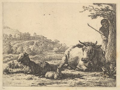 Vaca, oveja adulta y oveja joven tumbadas en la hierba, más allá, un pastor de pie, 1656 de Karel Du Jardin