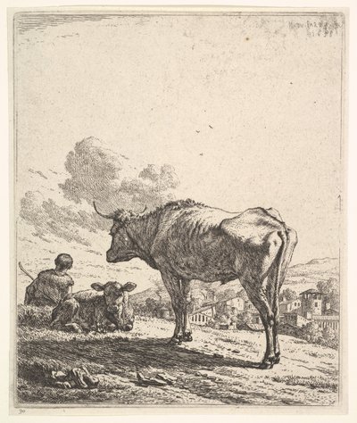 Vaquero con vaca y ternero en una ladera, el vaquero visto desde atrás y sentado, 1658 de Karel Du Jardin