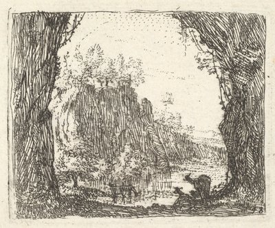 Paisaje flanqueado por árboles en el primer plano izquierdo y derecho, siluetas de dos cabr..., ca. 1641-78 de Karel Du Jardin