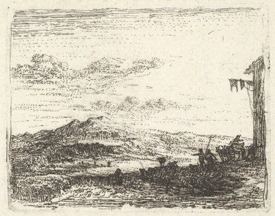 Paisaje con esquina de edificio y toldo a la derecha, dos figuras y un caballo, ca. 1641-78 de Karel Du Jardin