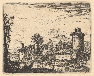 Paisaje con dos cabras con cuernos en la sombra en primer plano a la izquierda, edificios del pueblo al fondo de Karel Du Jardin