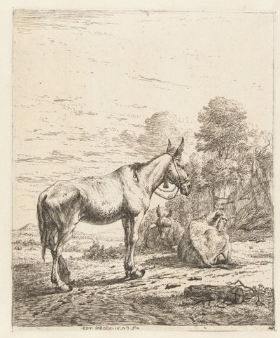 Mula con campana en cabestro y dos burros acostados de Karel Du Jardin