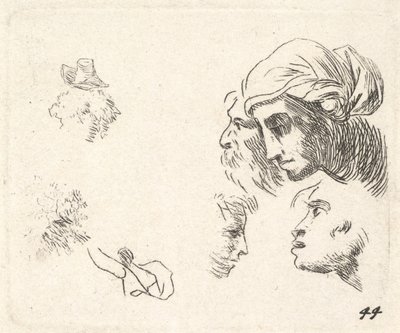 Estudio de cabezas en vista de perfil, una mujer con pañuelo en la cabeza y un hombre barbudo, ca. 1641-78 de Karel Du Jardin