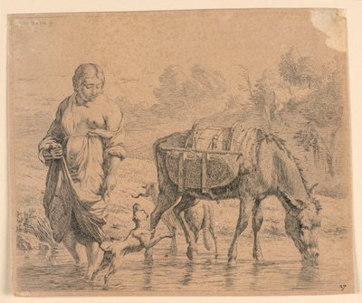 La campesina y el arriero cruzando un arroyo de Karel Du Jardin