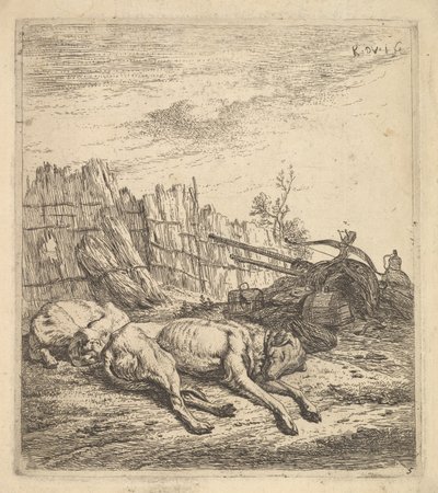 Dos perros durmiendo en el suelo, un arado, equipo de granja, manojos de paja, ca. 1641-78 de Karel Du Jardin
