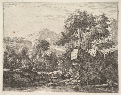 Dos hombres de pie con el agua hasta los tobillos con una roca detrás de ellos, a la izquierda de Karel Du Jardin