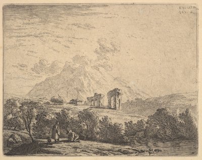 Vista de la ladera con ruinas, un acueducto y un peñasco de montaña al fondo, en primer plano un hombre, 1658 de Karel Du Jardin