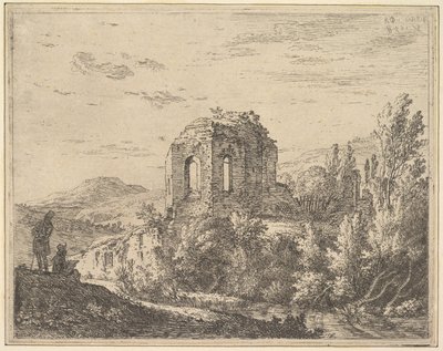 Vista de ruinas mostrando la esquina de un edificio con dos ventanas arqueadas, en un paisaje de Karel Du Jardin