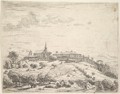 Pueblo amurallado en una colina, con iglesia a la izquierda y edificios construidos en la pendiente, 1658 de Karel Du Jardin