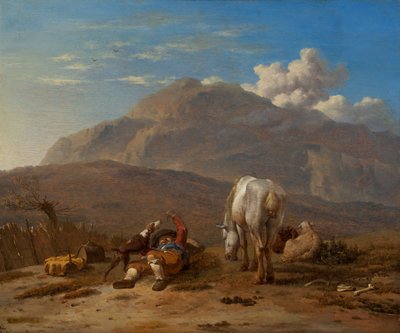 Paisaje italiano con un joven pastor jugando con su perro de Karel Dujardin