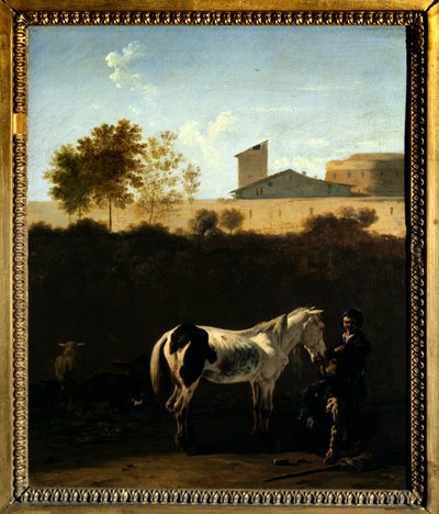 Paisaje de Italia con Patres y caballo pie de Karel Dujardin