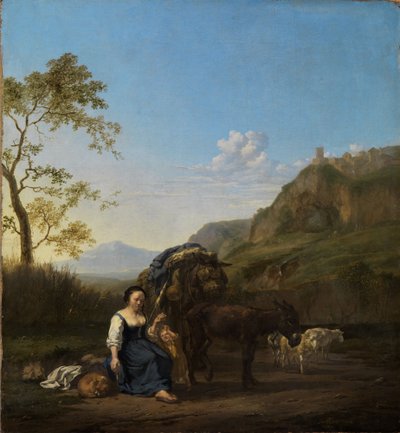 Campesina hilando en un paisaje montañoso italiano de Karel Dujardin