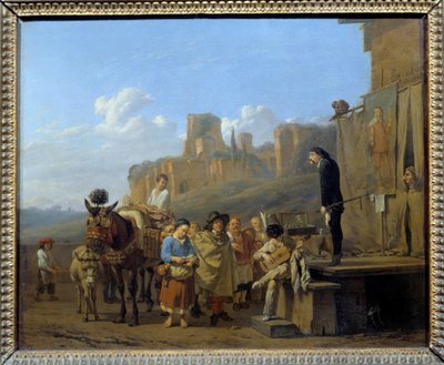 Los charlatanes italianos Marchand ambuland que vendían drogas en plazas públicas. Pintura de Karel Dujardin (1621-1678) 1657. Dim. 0,44 x 0,52 m de Karel Dujardin