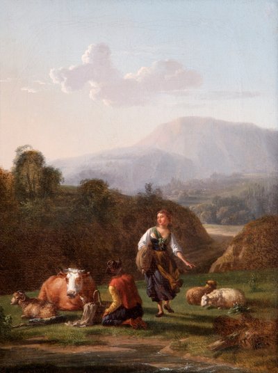 La orilla del río: Paisaje con figuras y ganado (óleo sobre lienzo) de Karel Dujardin