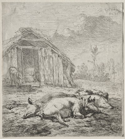 Tres cerdos acostados frente a un chiquero de Karel Dujardin