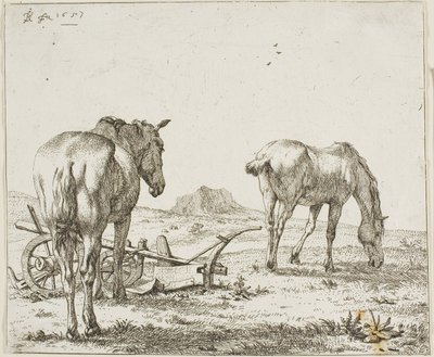 Dos caballos junto a un arado de Karel Dujardin