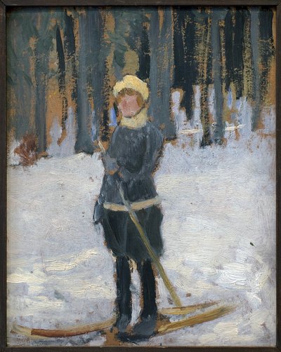 Mujer esquiando en el bosque. Obra de Karel Spillar (1871-1939), óleo sobre cartón de Karel Spillar