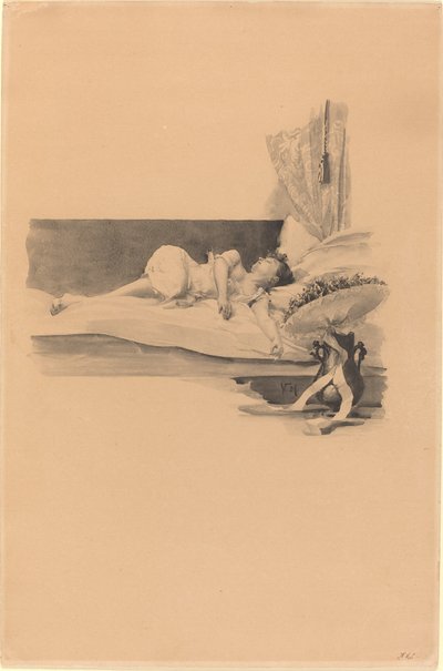 Ilustración para "Jestrab Kontra Hrdlicka, XXII" (Niña dormida en una cama) de Karel Vitezslav Masek