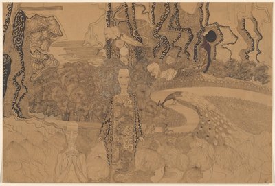 Representación alegórica con figuras y un pavo real en un jardín de Karel de Nerée tot Babberich (signed by artist)