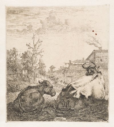 Vaca acostada con ternero Animales (título de la serie) de Karel du Jardin (signed by artist)