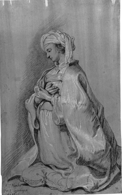 Figura arrodillada sobre un cojín con turbante. Mirando hacia la izquierda. Manos cruzadas sobre el pecho. de Karel van III Mander