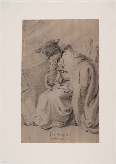 Joven pensativo sentado con la mano bajo la mejilla. Capa y gorro de piel de Karel van III Mander