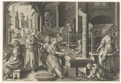 Enrollado de la seda
Introducción del gusano de seda y de la producción de seda en Europa (título de la serie)
Vermis Sericus (título de la serie en el objeto) de Karel van Mallery