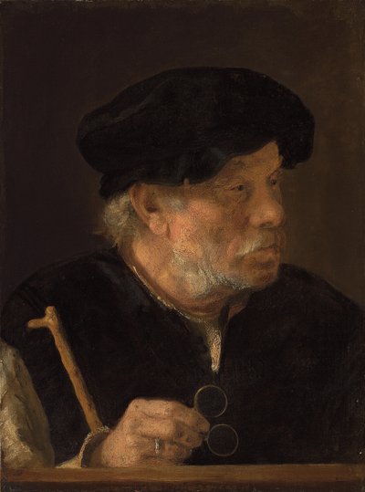 Un hombre, busto, sosteniendo un bastón y sus gafas, junto a un borde de madera de Karel van der Pluym