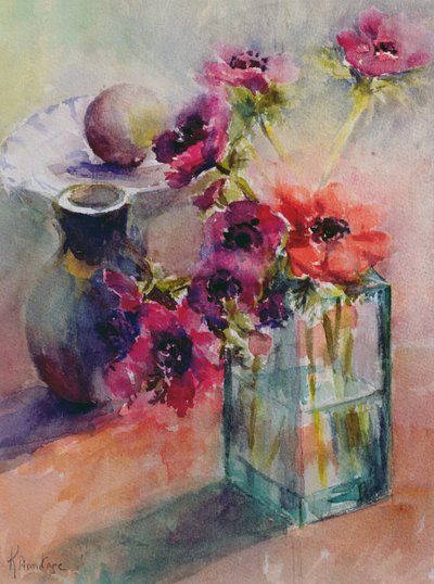 Anémonas en jarrón de vidrio verde, 2002 de Karen Armitage