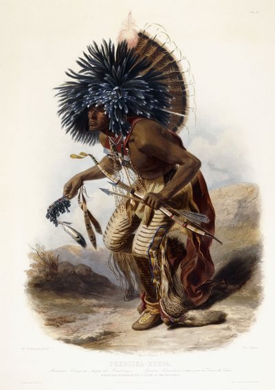 Pehriska-Rupha: Guerrero Moennitarri en el traje de la danza del perro de Karl (after) Bodmer