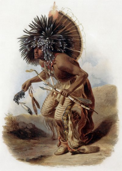 Retrato de Pehriska-Ruhpa, guerrero Minatarre en el traje de la danza del perro con un gran gorro de ropas de colores y plumas, una pipa hecha con hueso de ala de cisne, arco y flecha, grabado de René Bellet a partir de un dibujo de Karl Bodmer realizado d de Karl (after) Bodmer