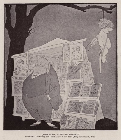 Cupido colgado de un árbol sobre un quiosco callejero de venta de pornografía (litografía) de Karl Arnold