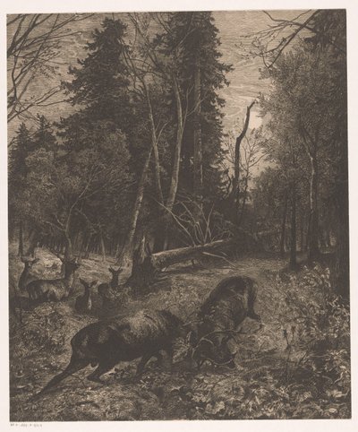 Vista del bosque con dos ciervos peleando de Karl Bodmer
