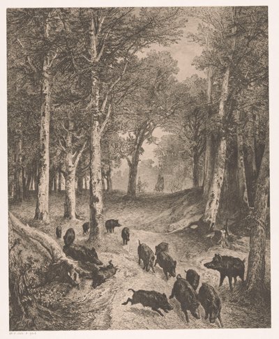 Grupo de jabalíes huyendo de dos cazadores a caballo de Karl Bodmer
