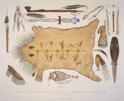 Utensilios y armas indias, grabado por A. Zschokke y J. Hurliman, publicado en 1840 de Karl Bodmer