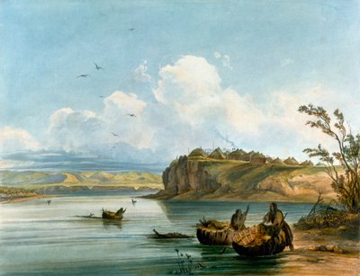 Mujeres nativas americanas Mandan cruzando el río Misuri en botes hechos de piel de búfalo, Civilización nativa americana, Estados Unidos de Karl Bodmer