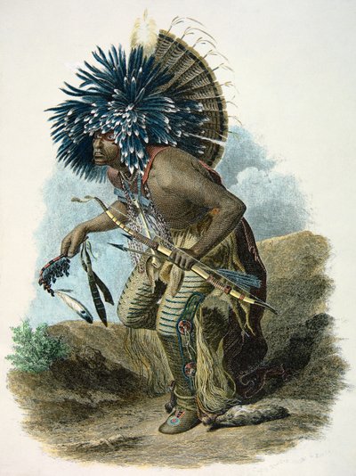 Hombre medicina de la tribu Mandan en el traje de la Danza del Perro de Karl Bodmer