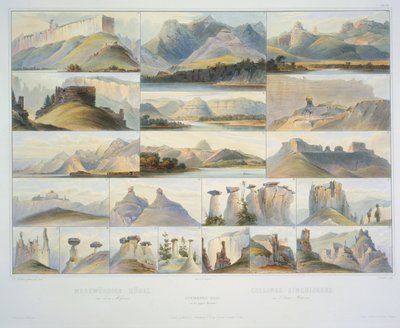 Colinas notables en el Alto Missouri, grabado por F. Salathe, publicado en 1839 de Karl Bodmer