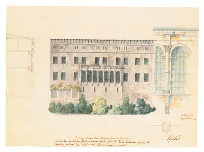 Diseño para una nueva escalera para la fachada norte del Schloss en Stettin, con un estudio subsidiario de la logia, una sección transversal de la fachada y un pilastra adosada, c.1840 de Karl Friedrich Schinkel