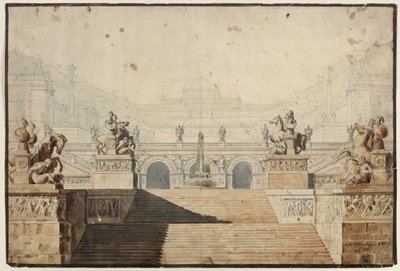 Armida. Ópera de Christoph Willibald Gluck. Proyecto para la 1.ª decoración. Palacio con conjunto de escaleras de Karl Friedrich Schinkel