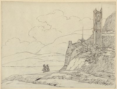 Paisaje montañoso con ruinas de torre y figuras de Karl Friedrich Schinkel