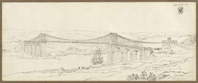 Vista del puente colgante sobre el estrecho de Menai cerca de Bangor, en Gales de Karl Friedrich Schinkel