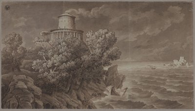 Costa marina rocosa con un faro de estilo antiguo en mar agitado de Karl Friedrich Schinkel