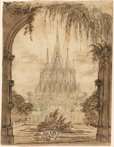 Catedral gótica detrás de un estanque con cisnes de Karl Friedrich Schinkel