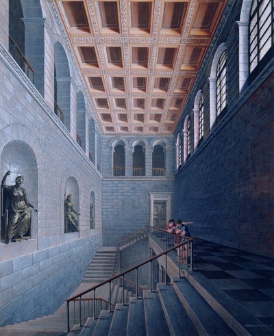 Vista interior de una escalera, diseño para un castillo en Koestritz, 1802-03 de Karl Friedrich Schinkel