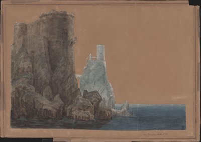 El rey Yngurd. Tragedia de Adolf Müllner. Diseño para la 4.ª decoración. Torre con la Puerta de la Muerte junto al mar de Karl Friedrich Schinkel