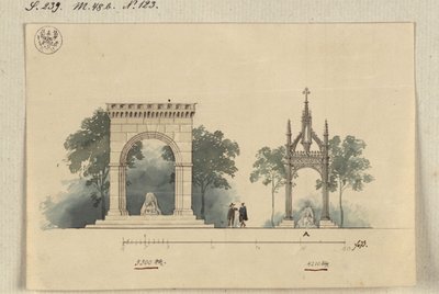 Lützen. Proyecto para un monumento al rey Gustavo II Adolfo de Suecia como sala de arcos abierta por cuatro lados y como tabernáculo sobre la piedra sueca de Karl Friedrich Schinkel