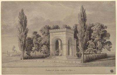 Lützen. Proyecto para un monumento al rey Gustavo II Adolfo de Suecia en forma de sala románica sobre la Piedra Sueca con ábside añadido. Vista de Karl Friedrich Schinkel