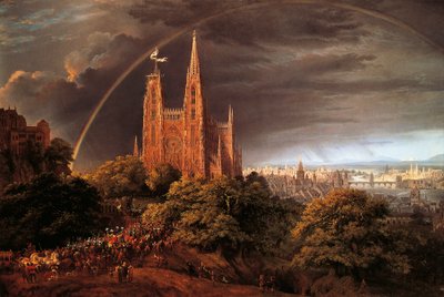 Ciudad medieval en las orillas del río, por Karl Friedrich Schinkel de Karl Friedrich Schinkel